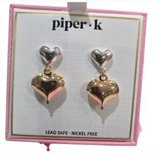 Piper K Gold and Silver Tone Shiny Heart Drop Earrings Valentines New in Box
